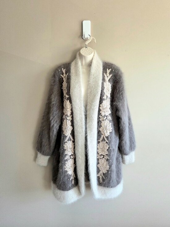 vintage Sweaters - Angora Blend Long Cardigan with Floral Applique Embroidery Beaded Design.